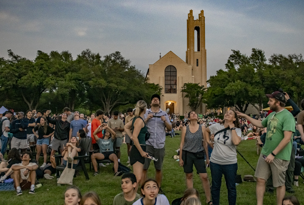 A Southwestern crowd peers into the sky during totality at about 1:40 p.m. on Monday, April 8