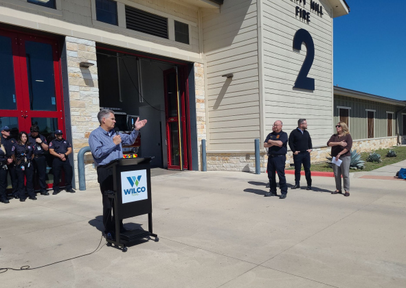 County Judge Bill Gravell gives a speech at the new emergency medical station in Liberty Hill on Thursday, April 11. Photo by Nalani Nuylan.