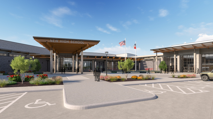 A rendering shows a possible design for Georgetown ISD's third high school, which will be funded through the approved 2024 bond election. 